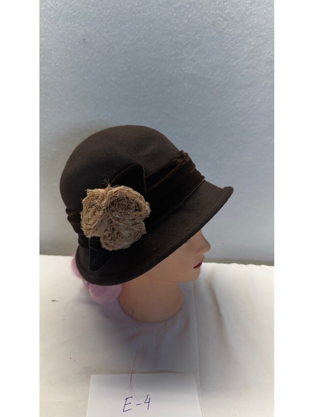 Scala Pronto Women's Brown Wool Felt Cloche Hat Flower Accent E-4